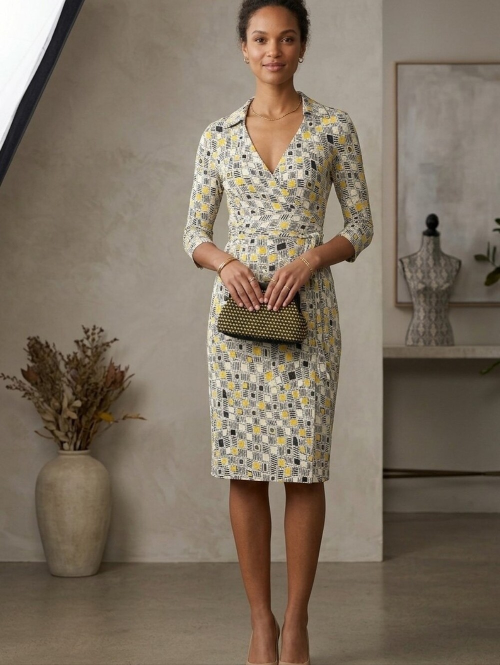 DVF Wrap-Style Geometric Print Dress in White, Black & Yellow